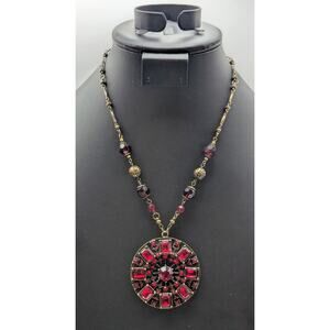 Antiqued Bronze Metal & Red Crystal Medallion Pendant Chain 16.5"-19" Necklace